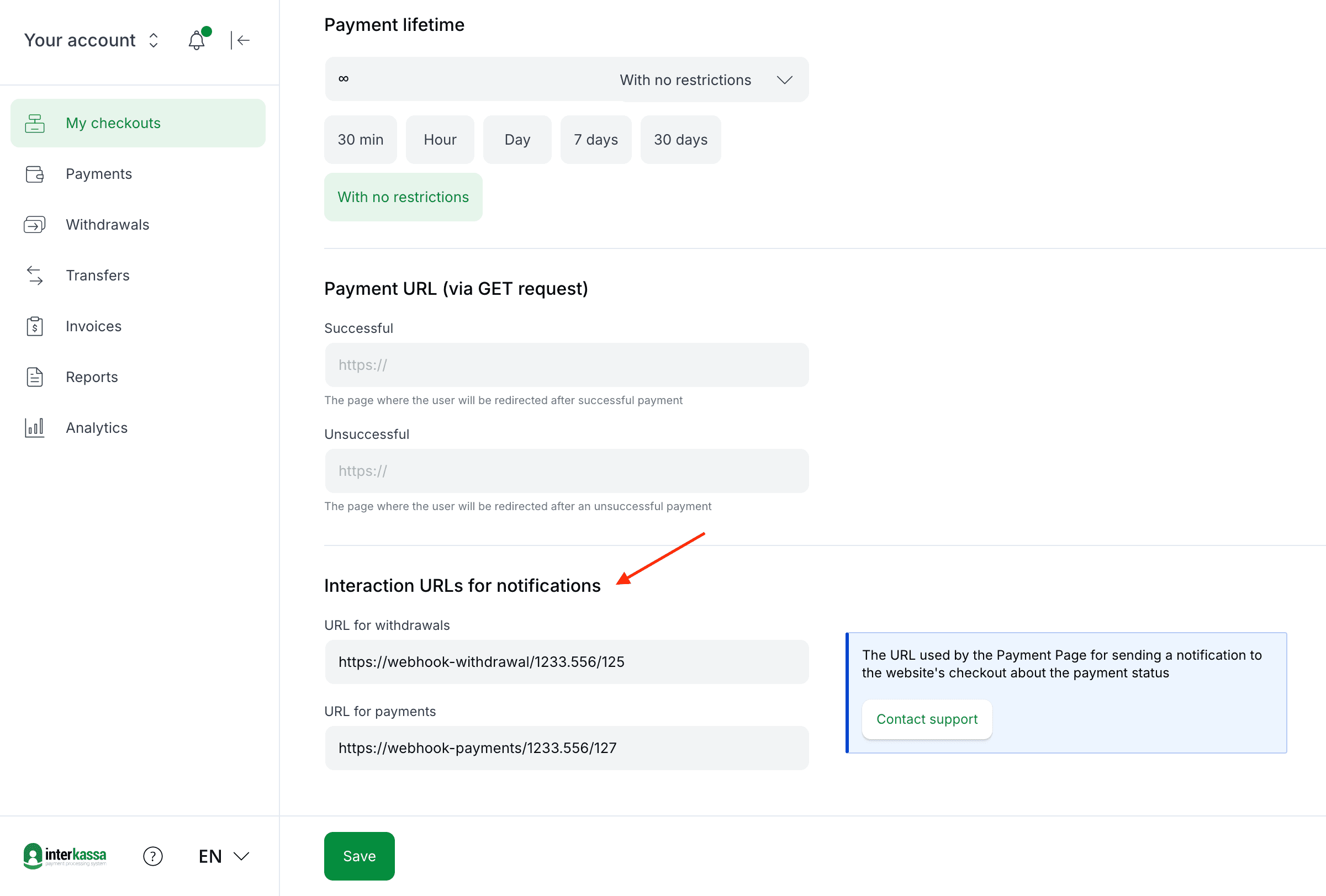 Interaction URLs settings